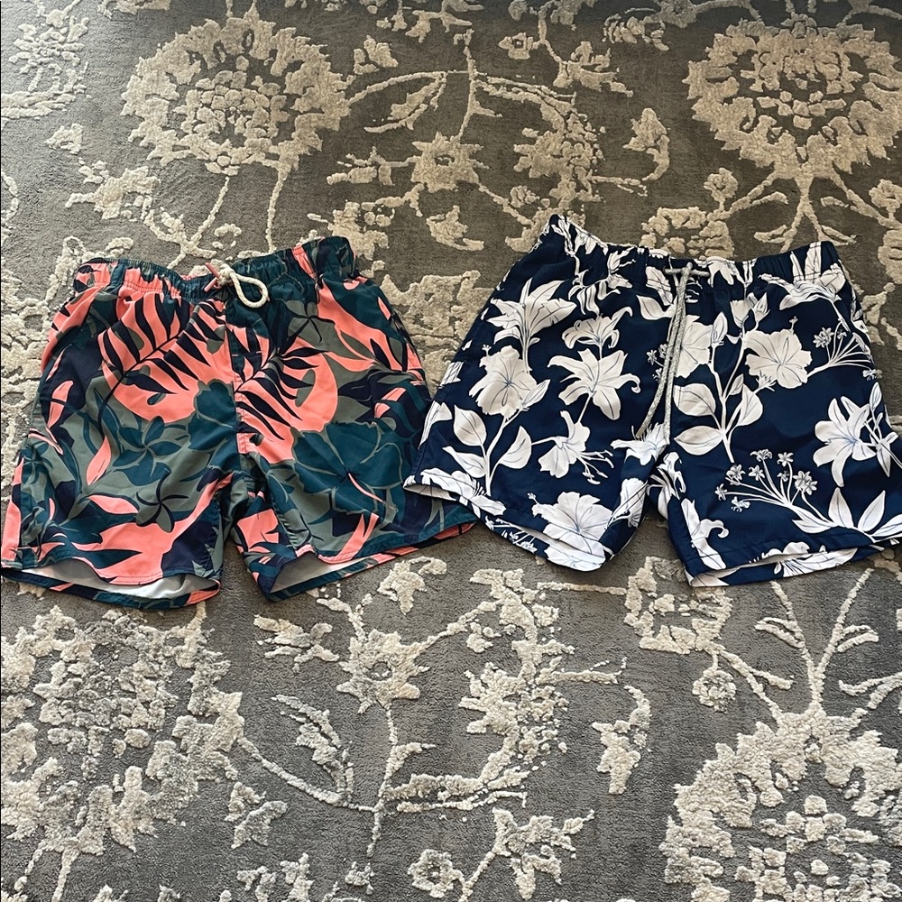 Men's Floral Print Swim Shorts - Coral/Green & Navy/White